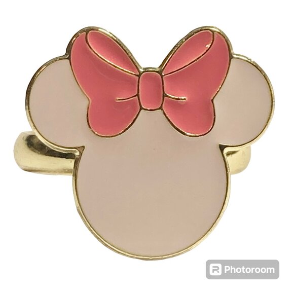 Vintage Disney Minnie Mouse Ring Size 7 8 Pink Bow Signed Adjustable Enamel - Picture 1 of 12